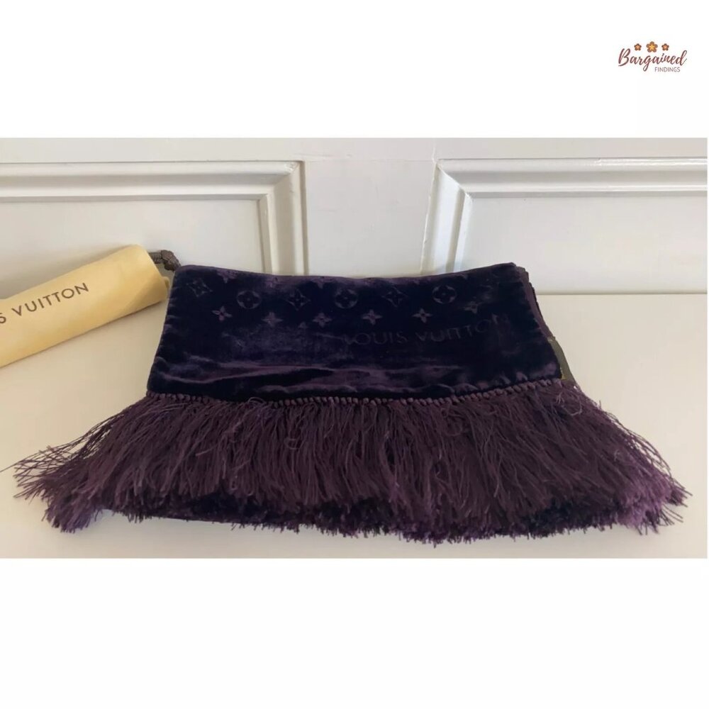 Authentic Louis Vuitton Purple Velvet Monogram Fringe Shawl - Picture 5 of 7